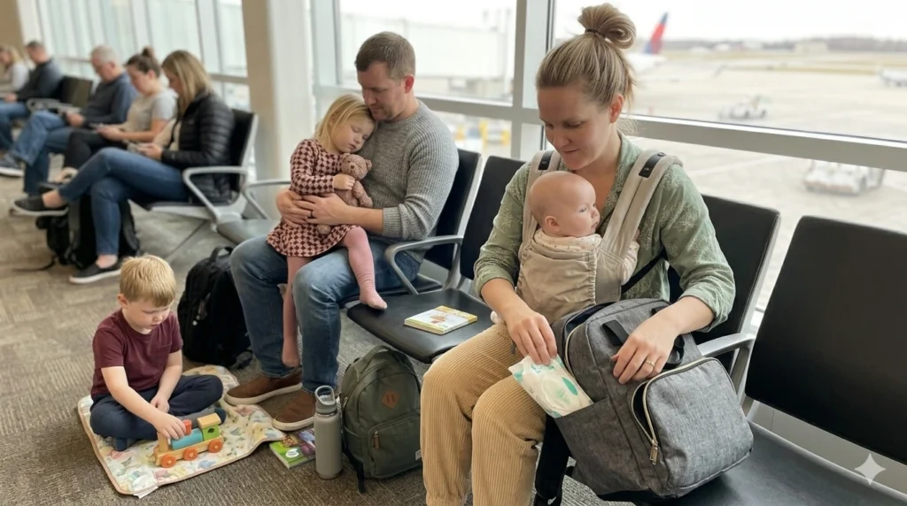 Accessing baby essentials from a carry-on bag during travel
