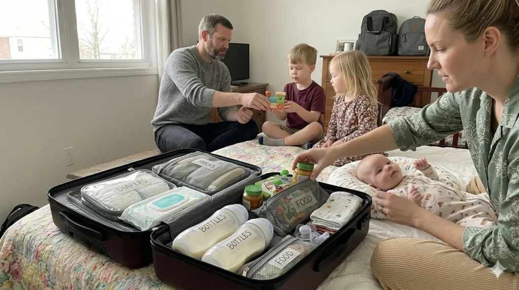 Organized baby essentials including diapers and feeding items for travel