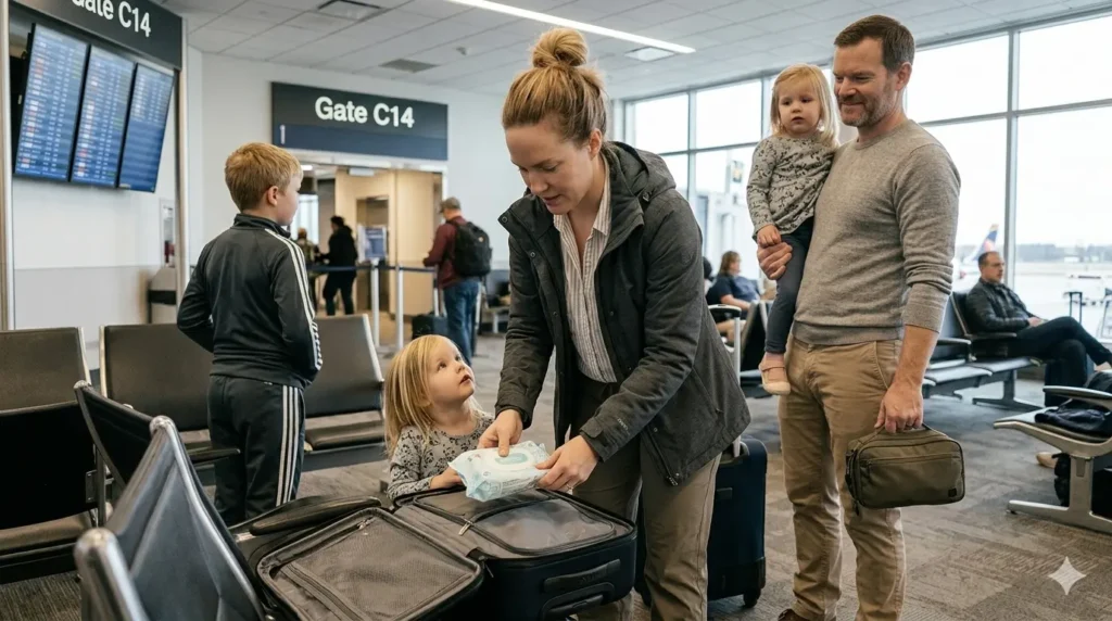 parent taking toiletries from carry on bag at airport for child