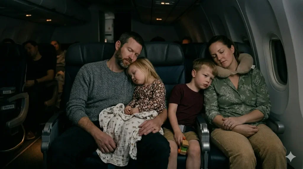 child sleeping comfortably during a long flight with parents