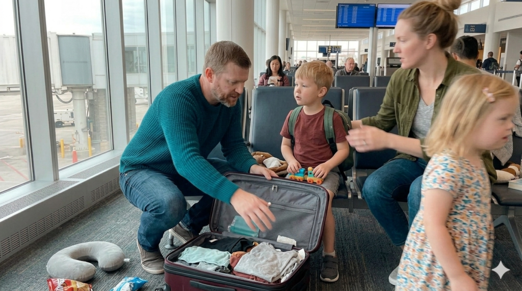 Parent quickly reaching into carry-on bag to access essential items during travel