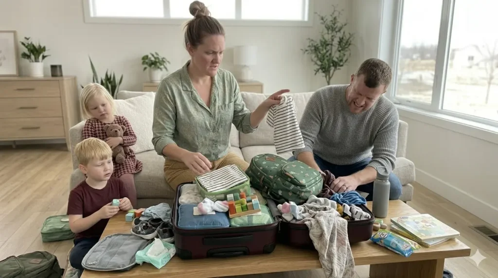 family overpacking suitcase with too many clothes and travel items