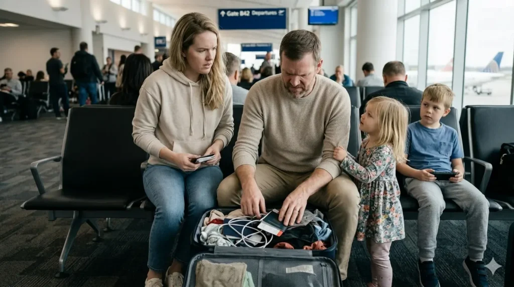 parent searching for item in disorganized carry on while traveling with kids