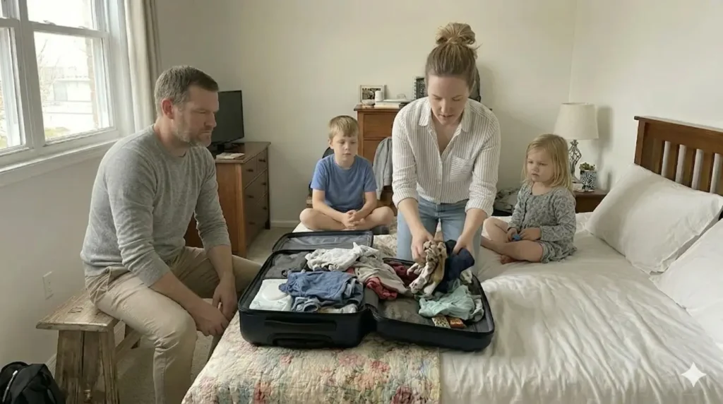 family struggling with messy suitcase after first day of travel