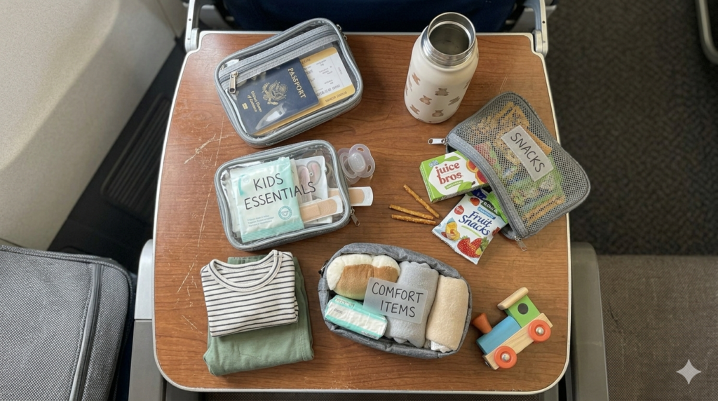 Essential items for family carry-on including snacks wipes water and clothes