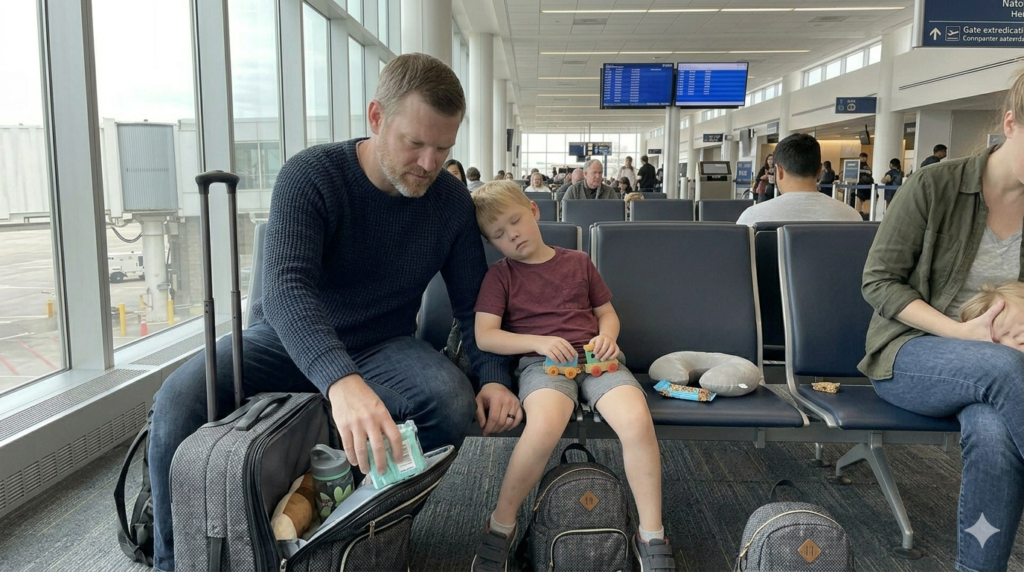 Parent helping a tired child at the airport using items from a carry-on bag