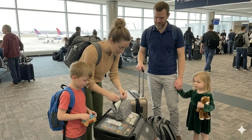 Family during a travel transition accessing a carry on bag for essentials between destinations