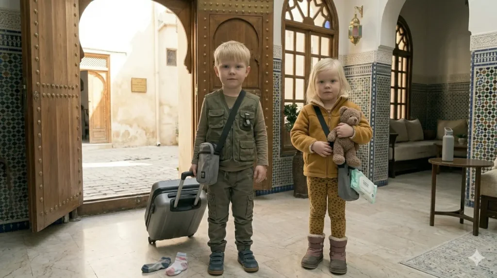 family traveling with light luggage knowing they can buy essentials at destination