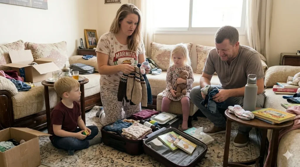 family adding extra items to suitcase just in case during packing