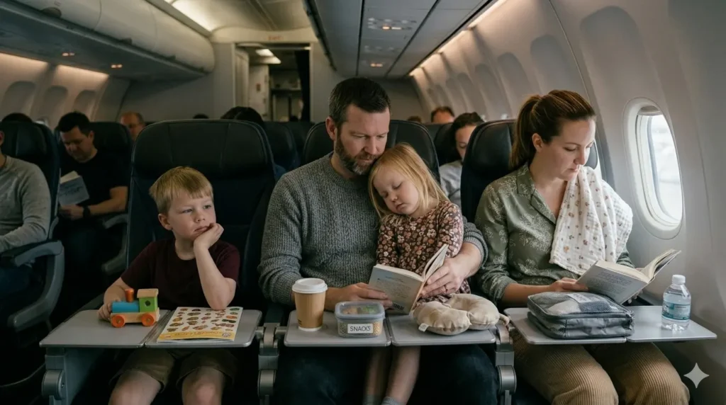 children experiencing boredom and tiredness during a long flight