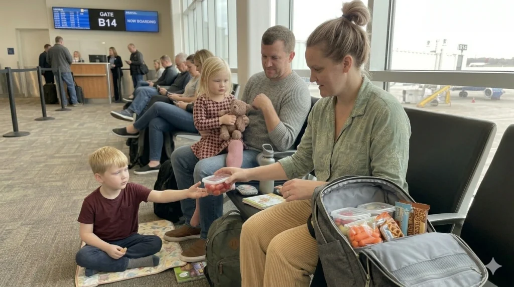 Kids eating snacks calmly during travel waiting time