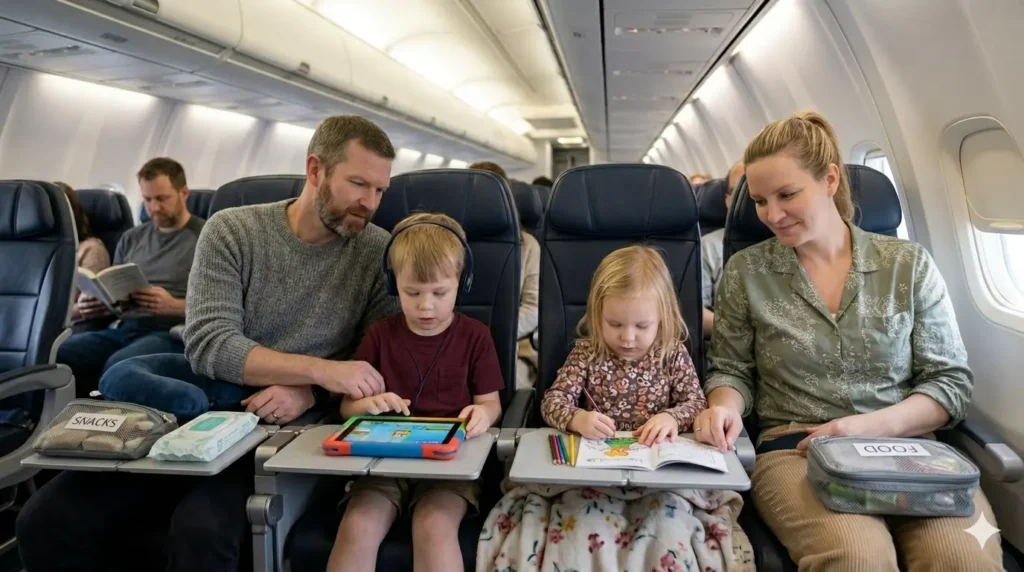 kids using simple entertainment during a long flight with family