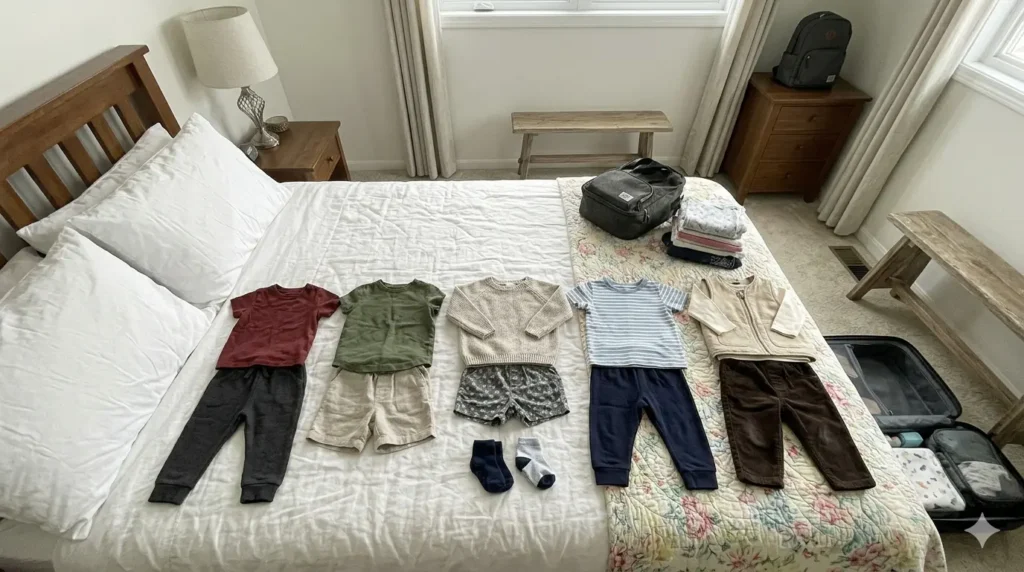 Simple kids outfit combinations organized on a bed to reduce overpacking during travel