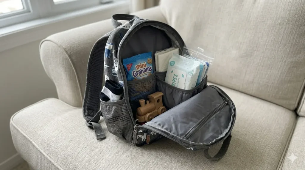 Small backpack with essential kids travel items like snacks wipes and a toy