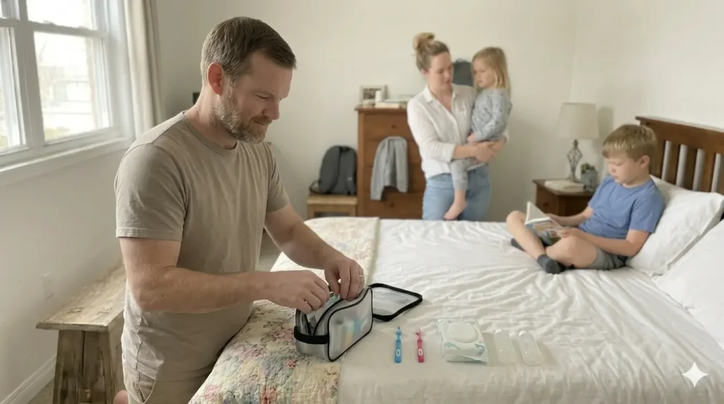 parent organizing simple and essential toiletries for kids travel