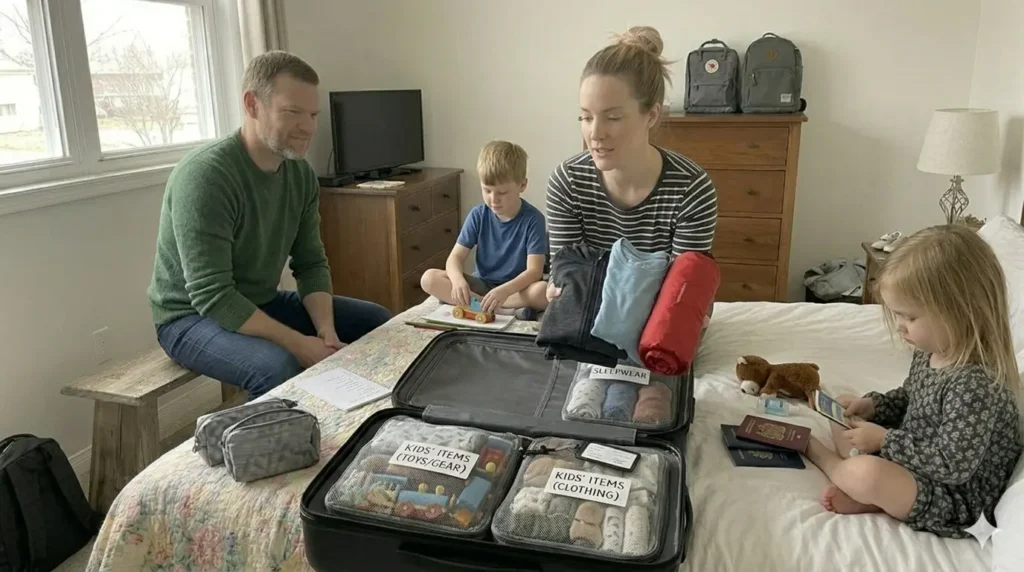 Parent packing layered clothing to adapt to different climates during a multi destination family trip