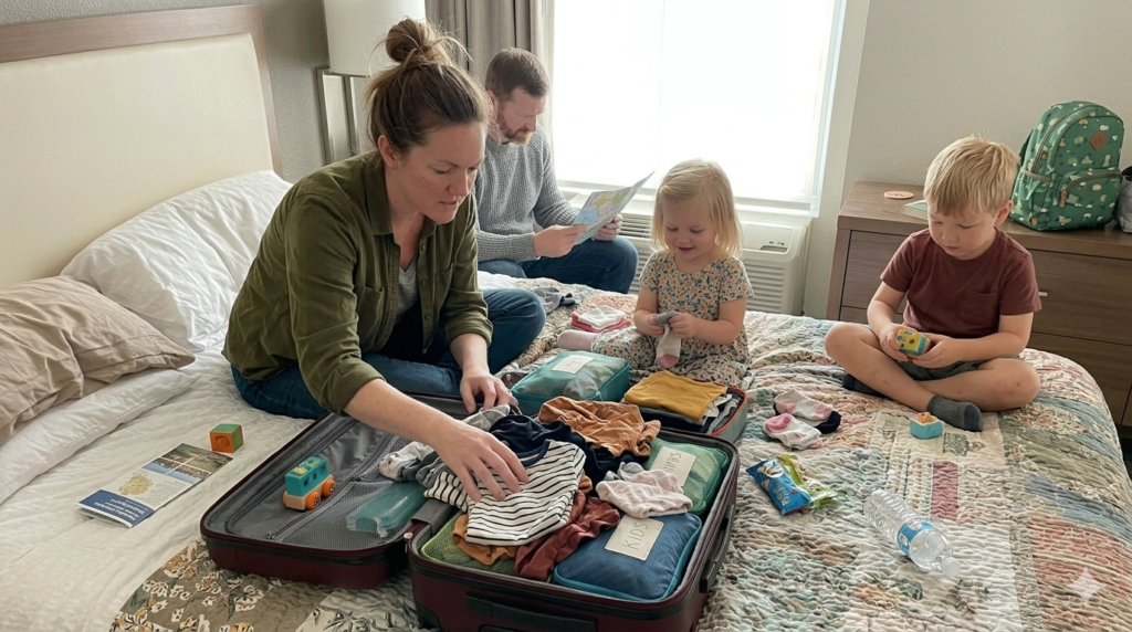 messy suitcase after one day of family travel showing lack of organization