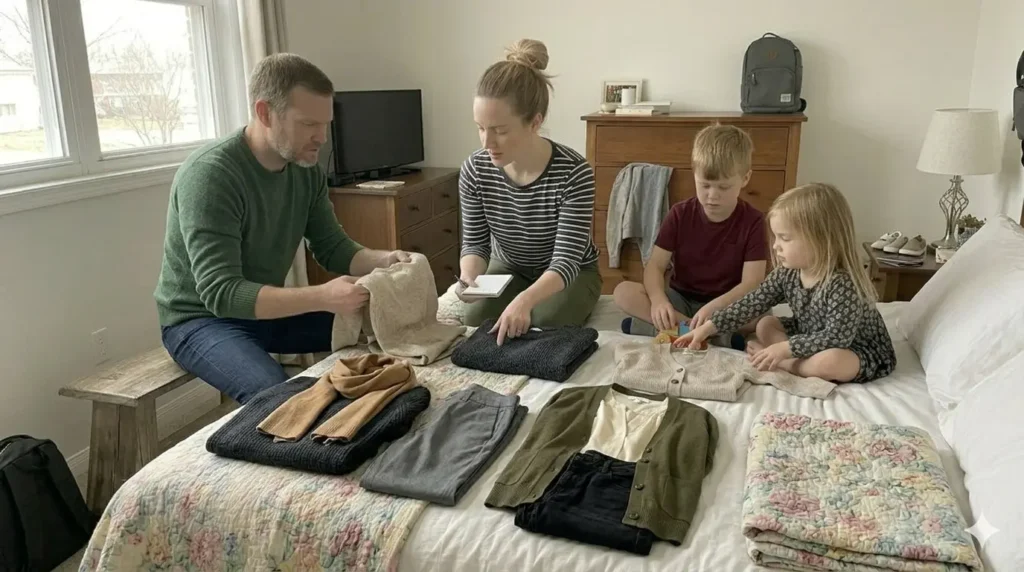 Parents creating a core wardrobe for multiple destinations with mix and match outfits for kids