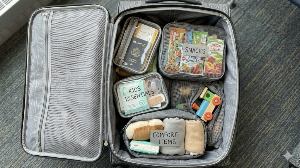 Parent helping a tired child at the airport using items from a carry-on bag