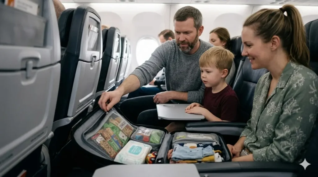 parent accessing organized carry-on essentials during a family flight