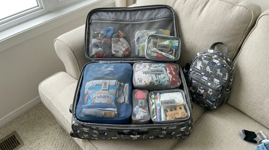 Suitcase organized with packing cubes separating kids clothes for easier travel use