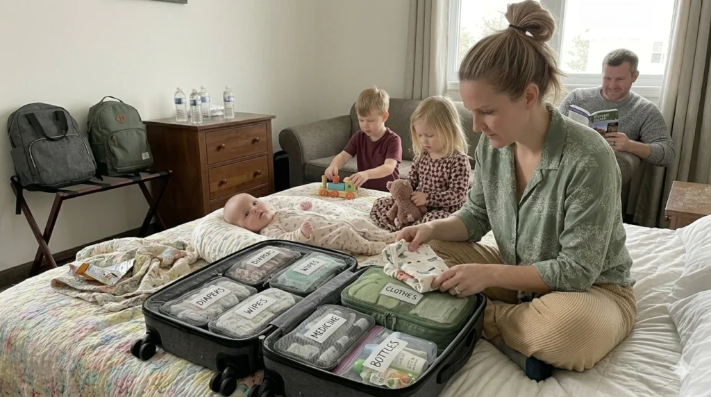 Organizing baby items inside a suitcase for easy access during travel