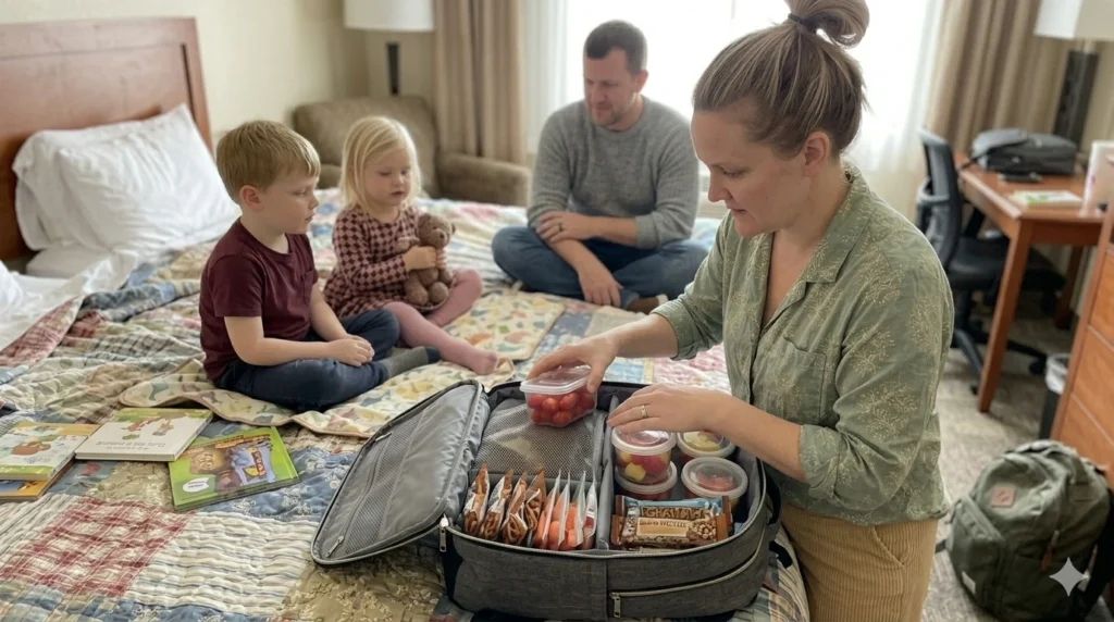 Organizing kids snacks in a carry-on for easy access