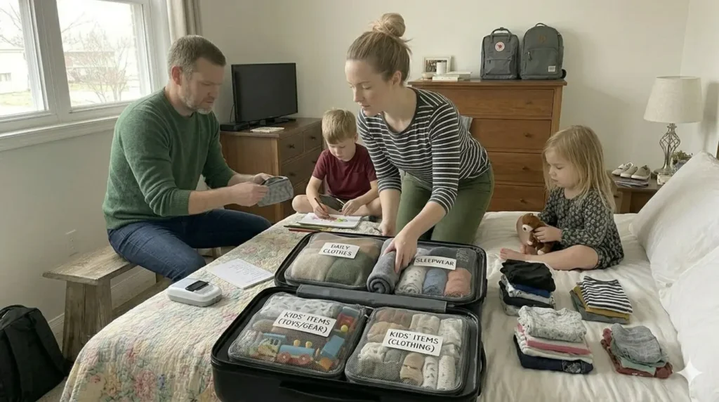 Organized suitcase divided by function to simplify packing for multiple destinations with kids