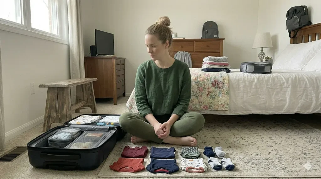 Mother choosing a small number of kids clothes based on real daily travel needs