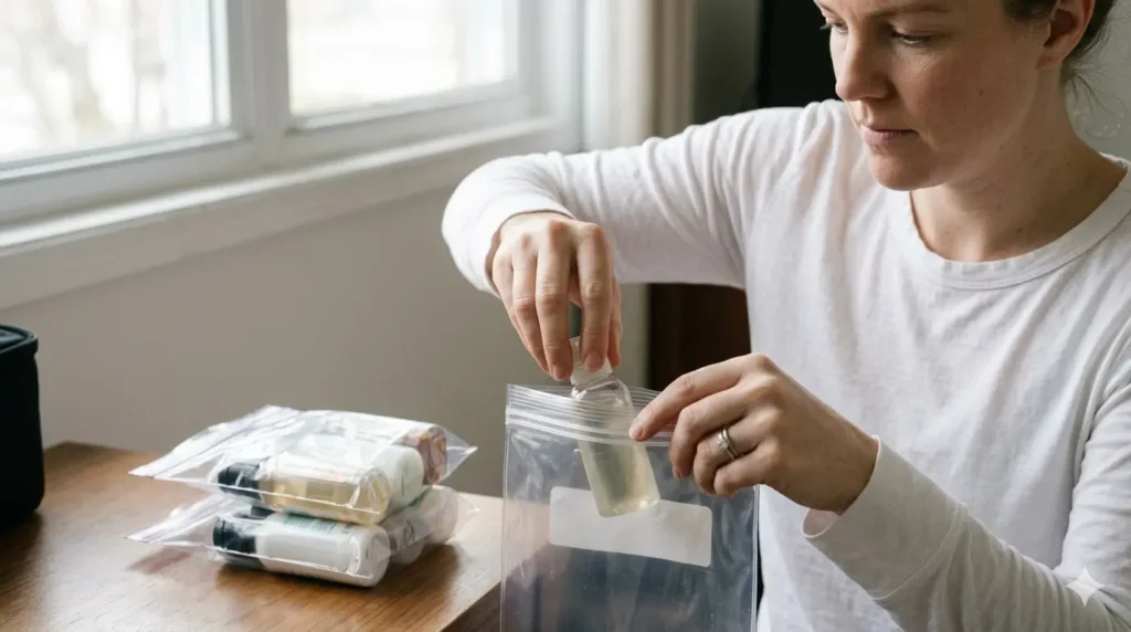 parent placing toiletries in waterproof pouch to prevent leaks during travel