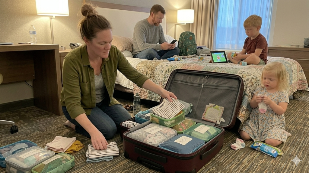 parent quickly reorganizing suitcase at end of travel day