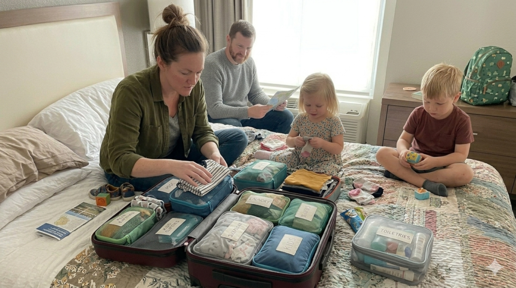 suitcase organized by categories instead of by person for family travel