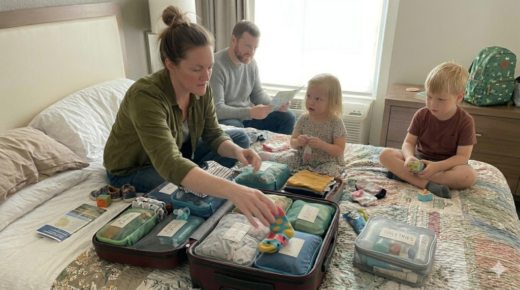 suitcase divided into packing zones using cubes for better organization