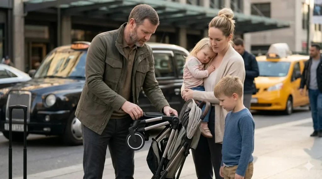 Parent folding a compact travel stroller quickly during city travel
