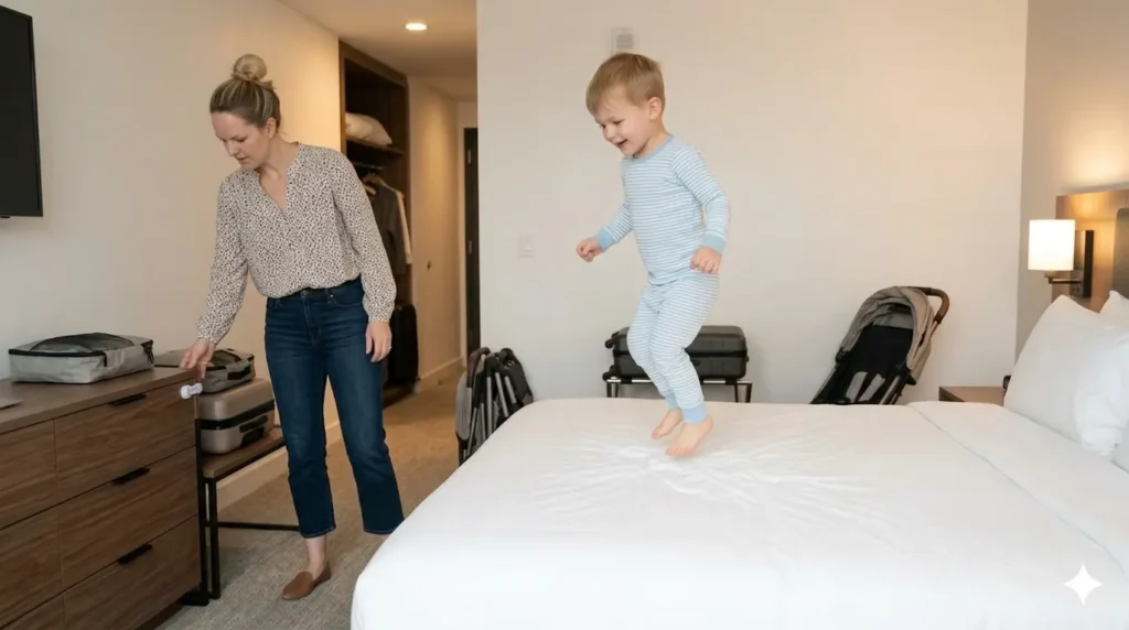 Mother checking a safe and organized family hotel room with child