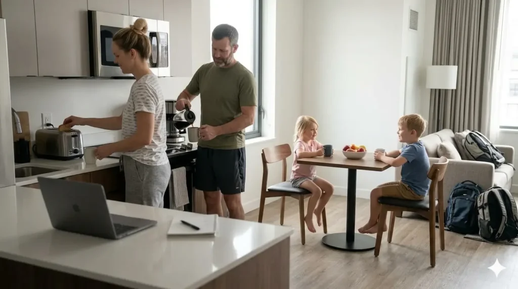 Family preparing breakfast inside a modern Airbnb apartment during travel