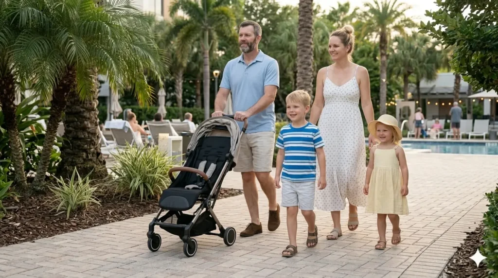Family walking through a safe family resort with stroller during vacation