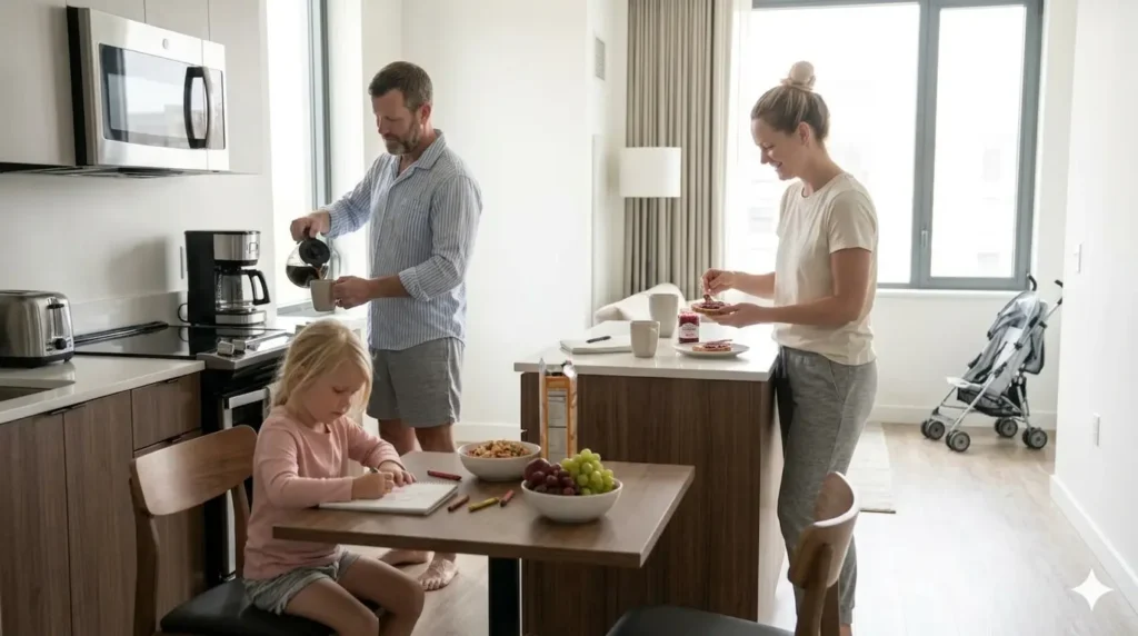 Parents preparing breakfast in an Airbnb kitchen while traveling with children