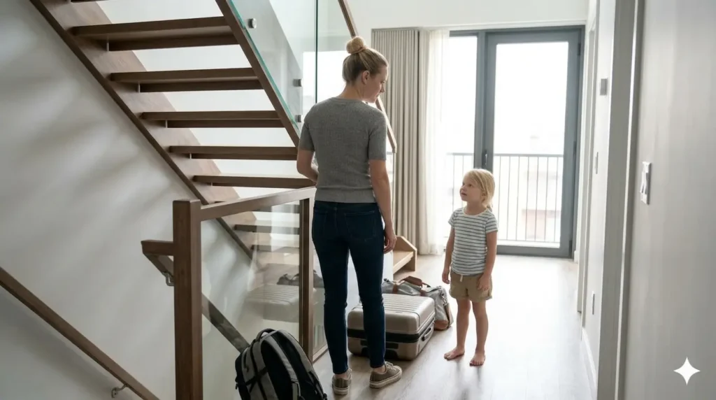 Mother checking safety inside an Airbnb apartment before family stay