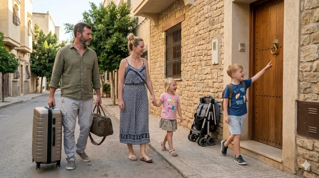 Family arriving at a modern Airbnb accommodation with luggage and stroller