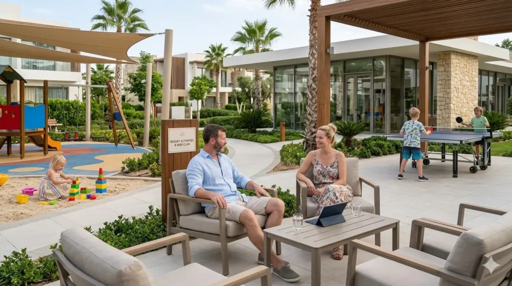 Family enjoying different age-appropriate activities at a modern family resort