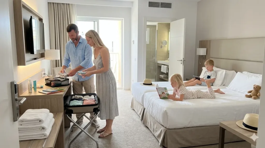Clean and spacious family resort room with parents organizing luggage and children relaxing