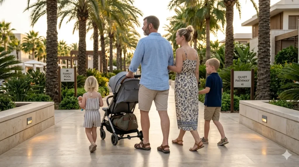 Family walking through a safe and accessible resort pathway with stroller during vacation