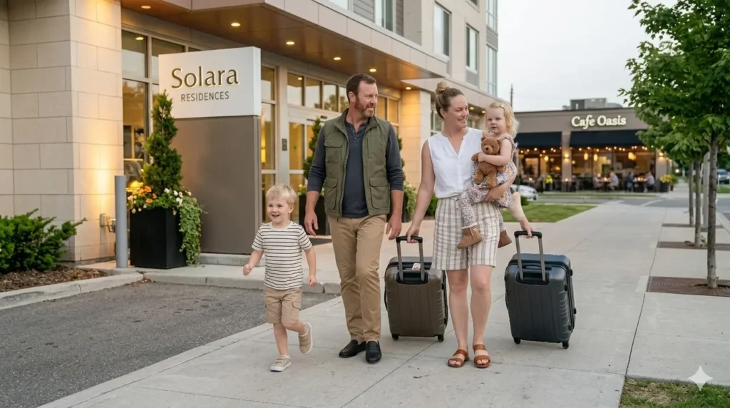 Family walking safely near a family-friendly hotel during a calm evening vacation atmosphere