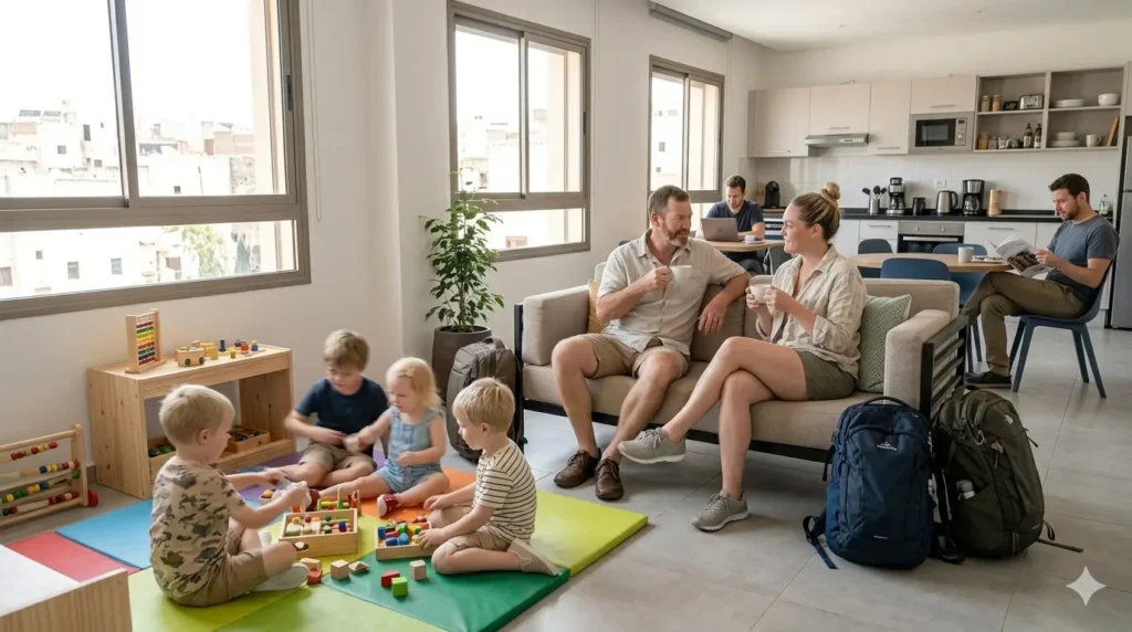 Family enjoying a modern family hostel common area with children playing and parents relaxing during budget travel