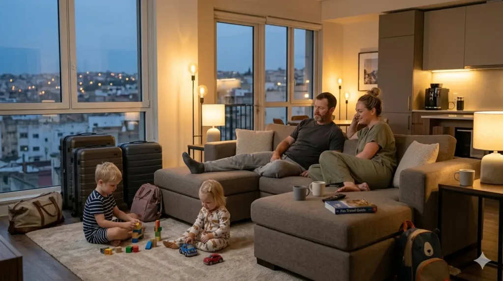 Family comparing serviced apartment comfort and family hostel atmosphere during travel planning