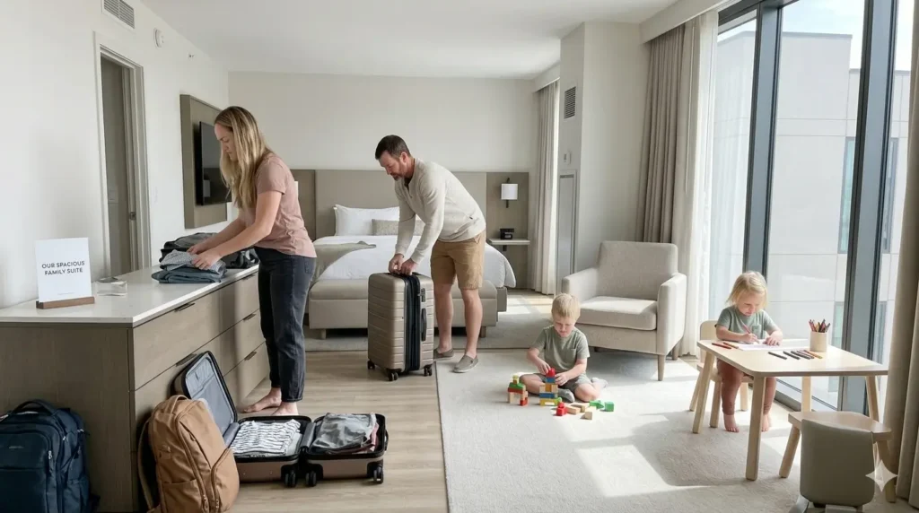 Spacious family hotel room with parents organizing luggage while children move comfortably around the suite