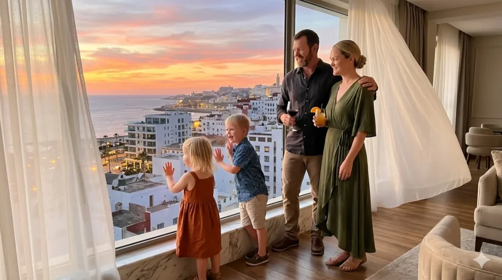 Family enjoying a relaxing sunset view from a large hotel room window during a peaceful vacation stay