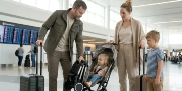 Family using a compact travel stroller at the airport during a family trip