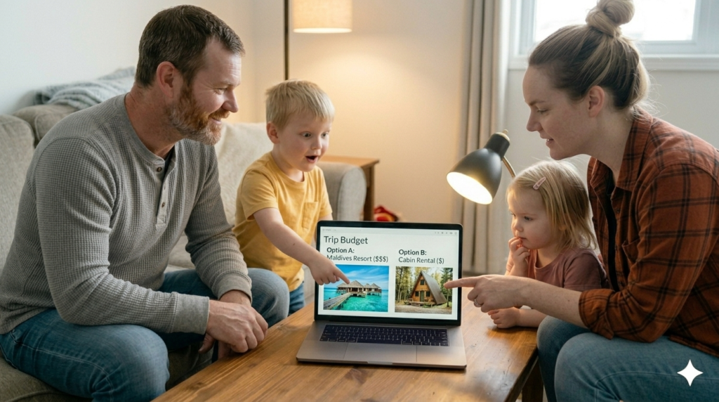family comparing travel destinations based on budget and cost